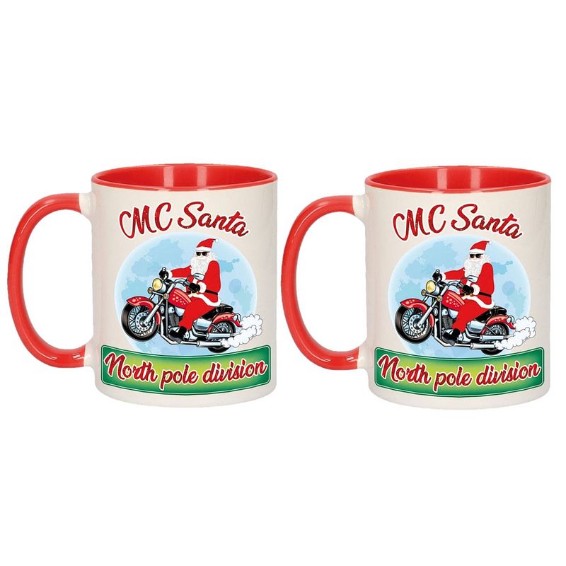 Foto van 2x stuks kerstmis cadeau mokken mc santa north pole division 300 ml - bekers