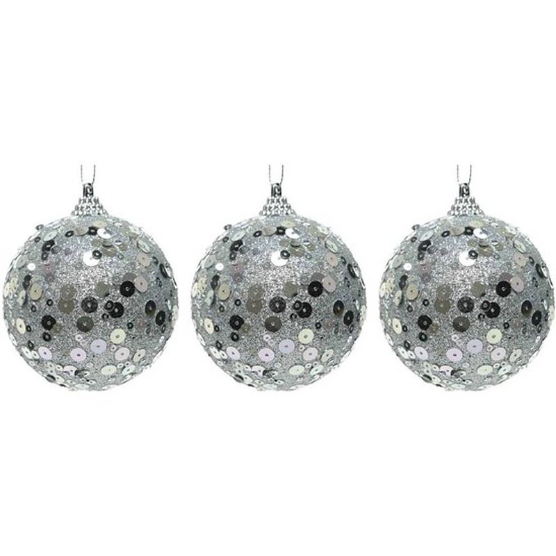 Foto van 3x kerstballen zilveren glitters 8 cm met pailletten kunststof kerstboom versiering/decoratie - kerstbal