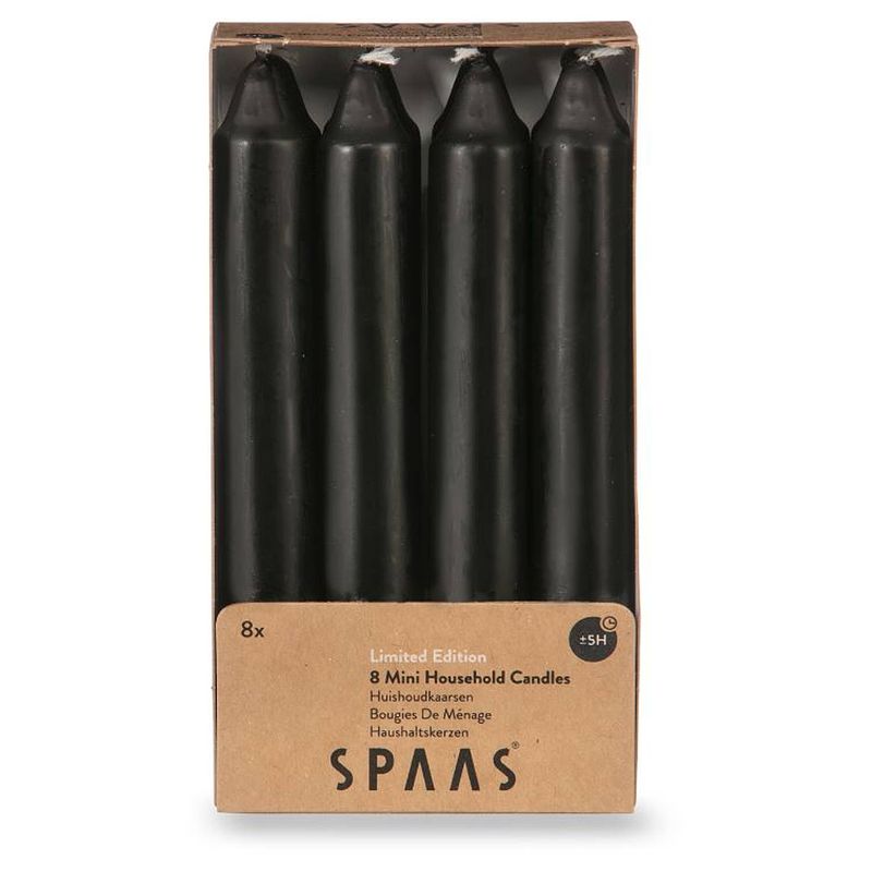 Foto van Spaas mini dinerkaarsen 8 stuks - zwart - 15,5 cm