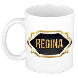 Foto van Naam cadeau mok / beker regina met gouden embleem 300 ml - naam mokken