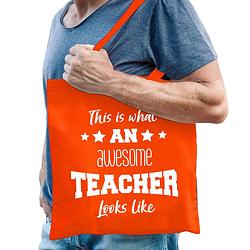 Foto van Bellatio decorations cadeau tas meester - katoen - oranje-this is what an awesome teacher looks like - feest boodschappe