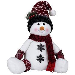 Foto van Pluche sneeuwpop knuffel - zittend - 36 cm - rode muts - kerstman pop