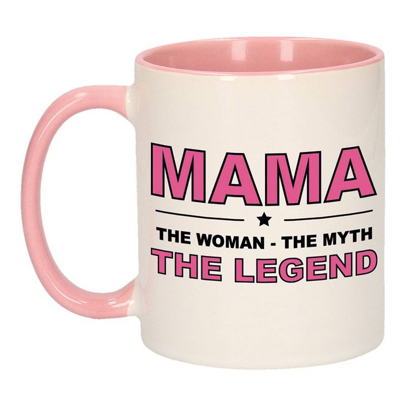 Foto van Mama the legend cadeau mok / beker wit en roze 300 ml - feest mokken