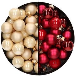 Foto van Mini kerstballen - 48x st - rood en champagne - 2,5 cm - glas - kerstbal