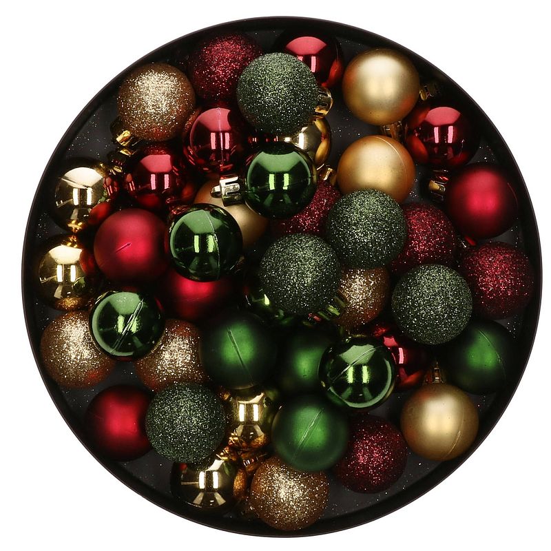 Foto van 42x stuks kunststof kerstballen mix donkergroen/goud/donkerrood 3 cm - kerstbal