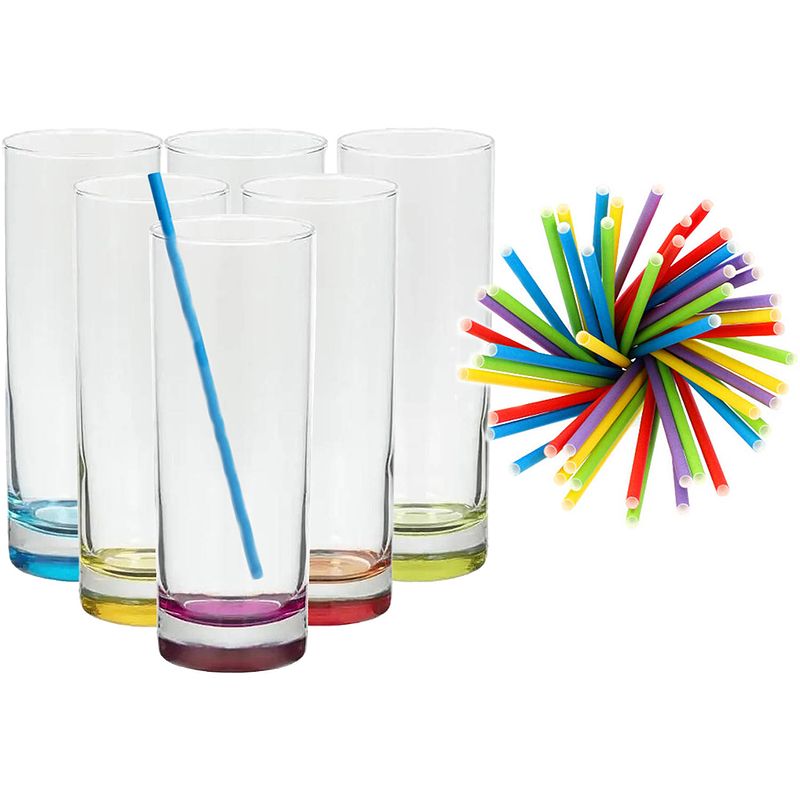 Foto van Set van 6x longdrinkglazen en 100x duurzame rietjes papier - 310 ml - longdrinkglazen