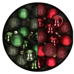 Foto van 28x stuks kleine kunststof kerstballen bordeaux rood en dennengroen 3 cm - kerstbal