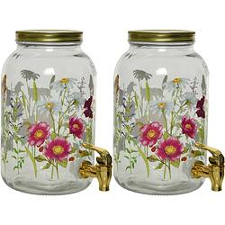 Foto van 2x stuks drankdispenser/limonadetap met kraantje - glas - 4l - bloemen - drankdispensers