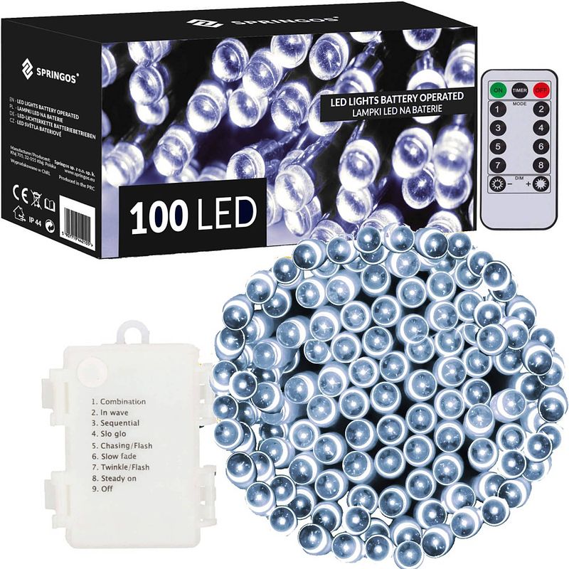 Foto van Kerstverlichting 10,5 m batterij afstandsbediening 100 led koel wit