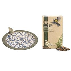 Foto van Vogelbad/voederschaal rond keramiek 33,5 x 33,5 cm inclusief 2.5 kilo voer - vogelvoederhuisjes
