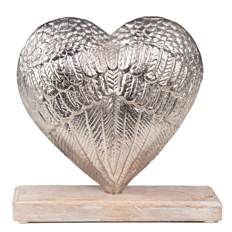 Foto van Clayre & eef decoratie 23 cm zilverkleurig aluminium hout hartvormig decoratief figuur decoratieve accessoires