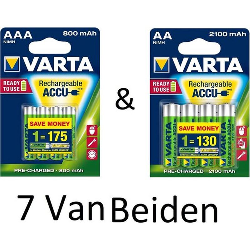 Foto van (7 van beiden) varta aa & aaa oplaadbare batterijen combi aanbieding 800 mah & 2100 mah