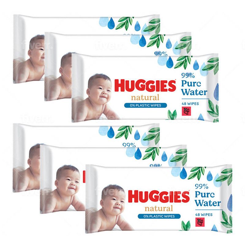 Foto van Huggies - natural - 0% plastic - billendoekjes - 288 babydoekjes - 6 x 48