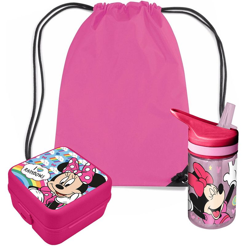 Foto van Disney minnie mouse lunchbox set voor kinderen - 3-delig - roze - incl. gymtas/schooltas - lunchboxen