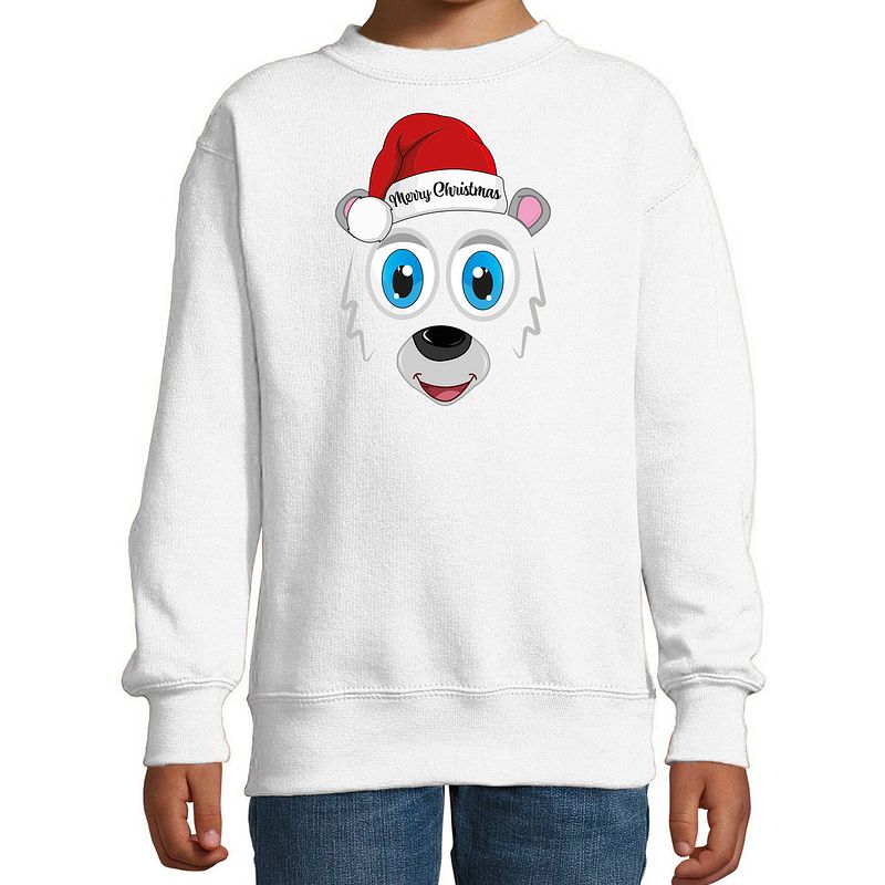 Foto van Bellatio decorations kersttrui/sweater voor kinderen - ijsbeer gezicht - merry christmas - wit 9-11 jaar (134/146) - ker