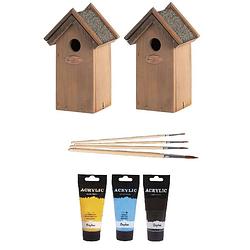 Foto van 2x houten vogelhuisje/nestkastje 22 cm - zwart/geel/lichtblauw dhz schilderen pakket - vogelhuisjes