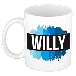 Foto van Naam cadeau mok / beker willy met blauwe verfstrepen 300 ml - naam mokken