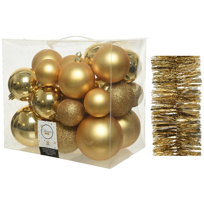 Foto van Kerstversiering kunststof kerstballen 6-8-10 cm met folieslingers pakket goud van 28x stuks - kerstbal