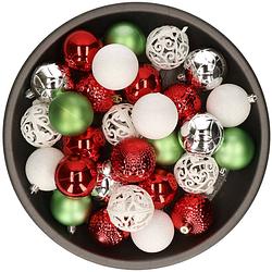 Foto van Kerstballen 37x stuks wit/rood/groen/zilver kunststof 6cm - kerstbal