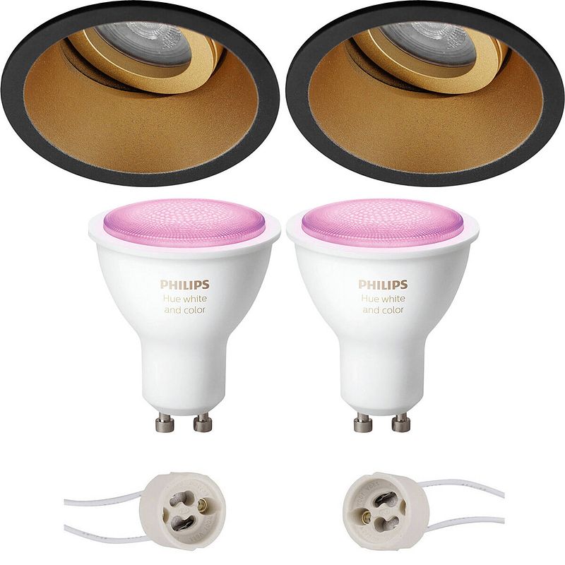 Foto van Pragmi zano pro - inbouw rond - mat zwart/goud - kantelbaar - ø93mm - philips hue - led spot set gu10 - white and color