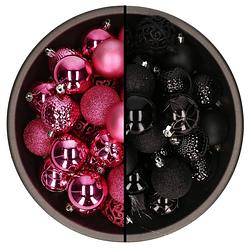 Foto van 74x stuks kunststof kerstballen mix zwart en fuchsia roze 6 cm - kerstbal