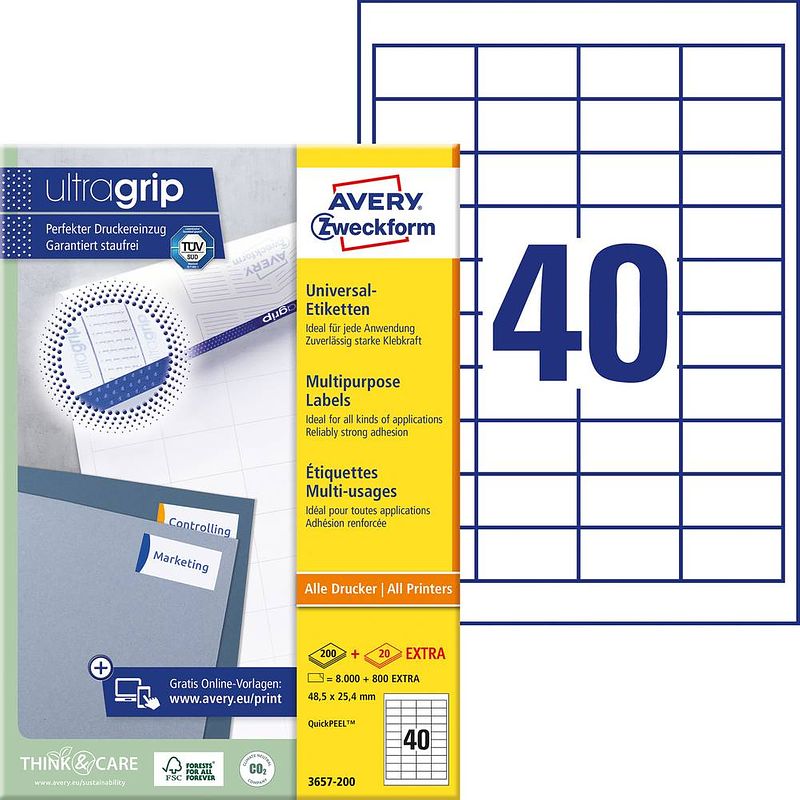 Foto van Avery-zweckform 3657-200 etiketten 48.5 x 25.4 mm papier wit 8800 stuk(s) permanent universele etiketten 220 vel din a4