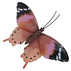 Foto van Tuin/schutting decoratie roestbruin/roze vlinder 35 cm - tuinbeelden