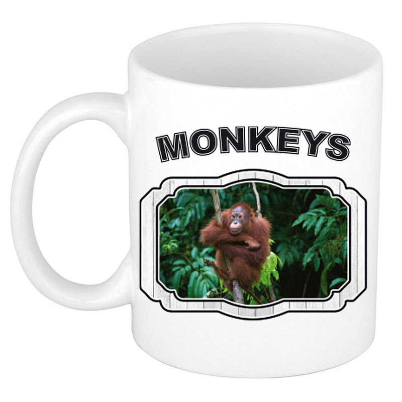 Foto van Dieren orang oetan beker - monkeys/ apen mok wit 300 ml - feest mokken