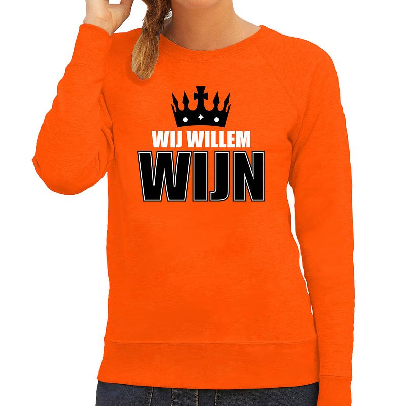 Foto van Wij willem wijn sweater oranje voor dames - koningsdag truien xs - feesttruien