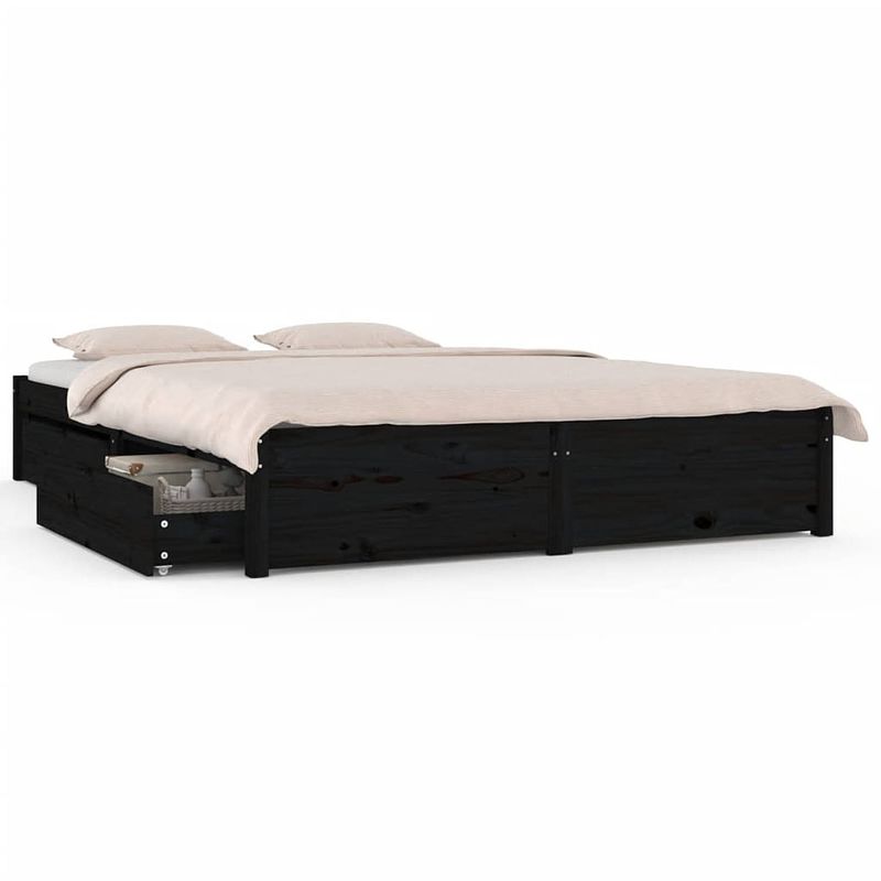 Foto van The living store bedframe grenenhouten - king size - zwart - 205.5x155.5x31 cm