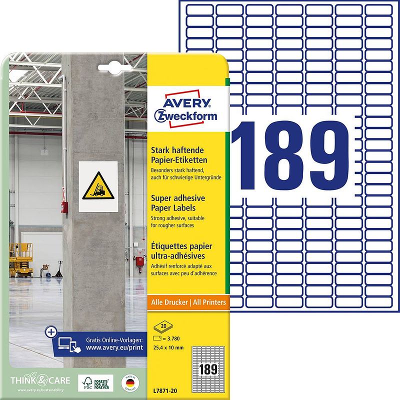 Foto van Avery-zweckform l7871-20 ( 25.4 x 10 mm, wit, 3780 stuk(s), permanent, sterk hechtend