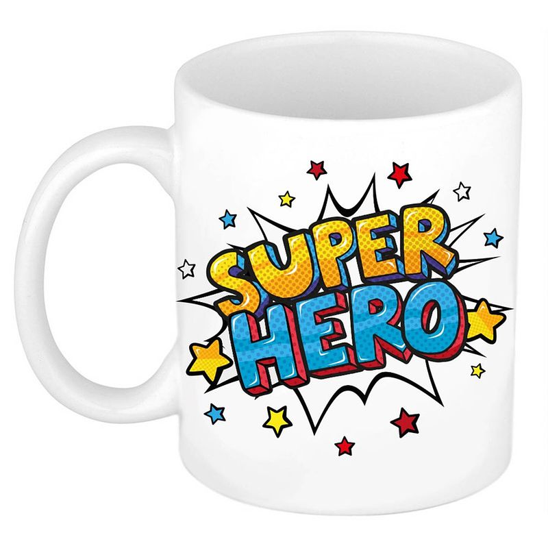 Foto van Super hero cadeau mok / beker wit met sterren 300 ml - feest mokken