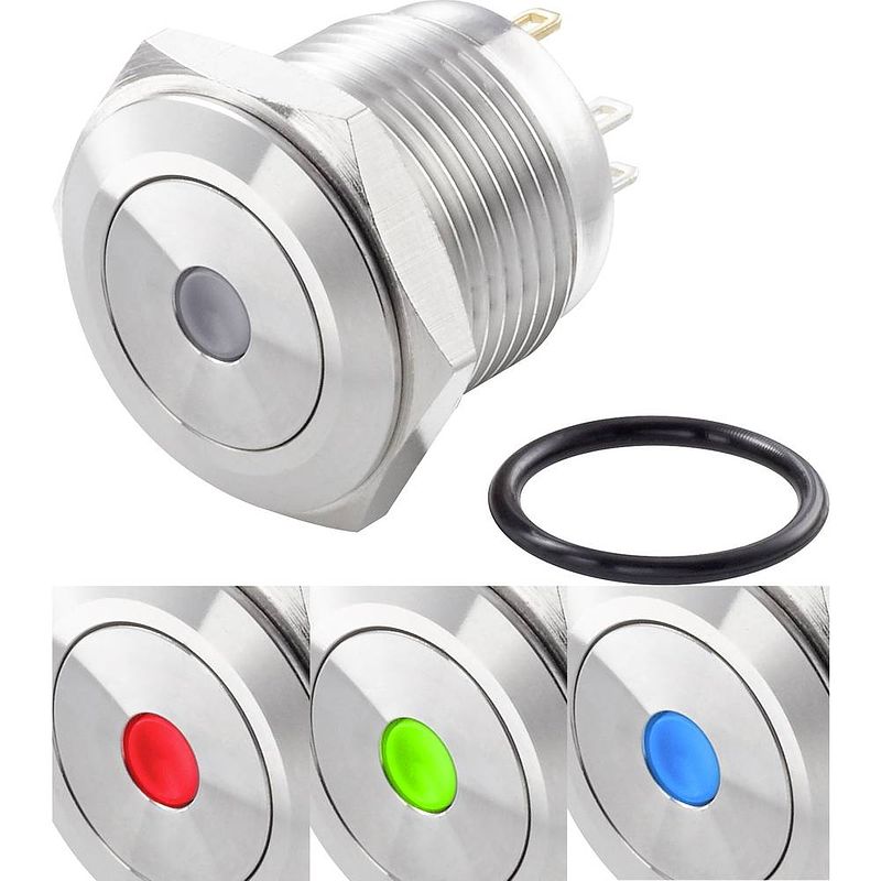 Foto van Tru components tc-7494604 tc-gq16f-10d/41rgb/ vandalismebestendige drukschakelaar 48 v/dc 2 a 1x uit/(aan) moment rood, groen, blauw, rgb ip65 1 stuk(s)