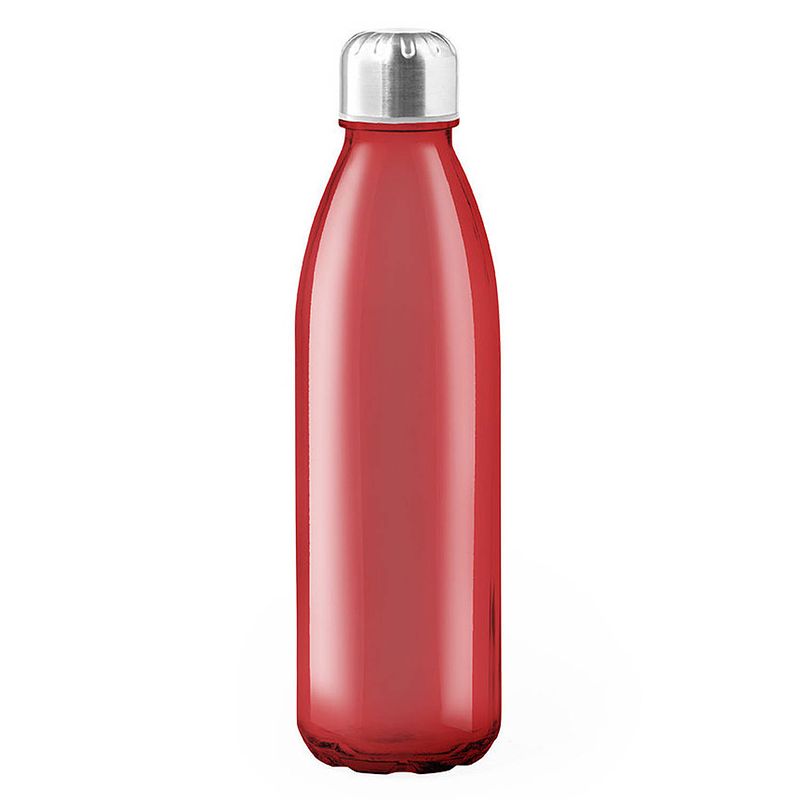 Foto van Glazen waterfles/drinkfles rood transparant met rvs dop 650 ml - drinkflessen