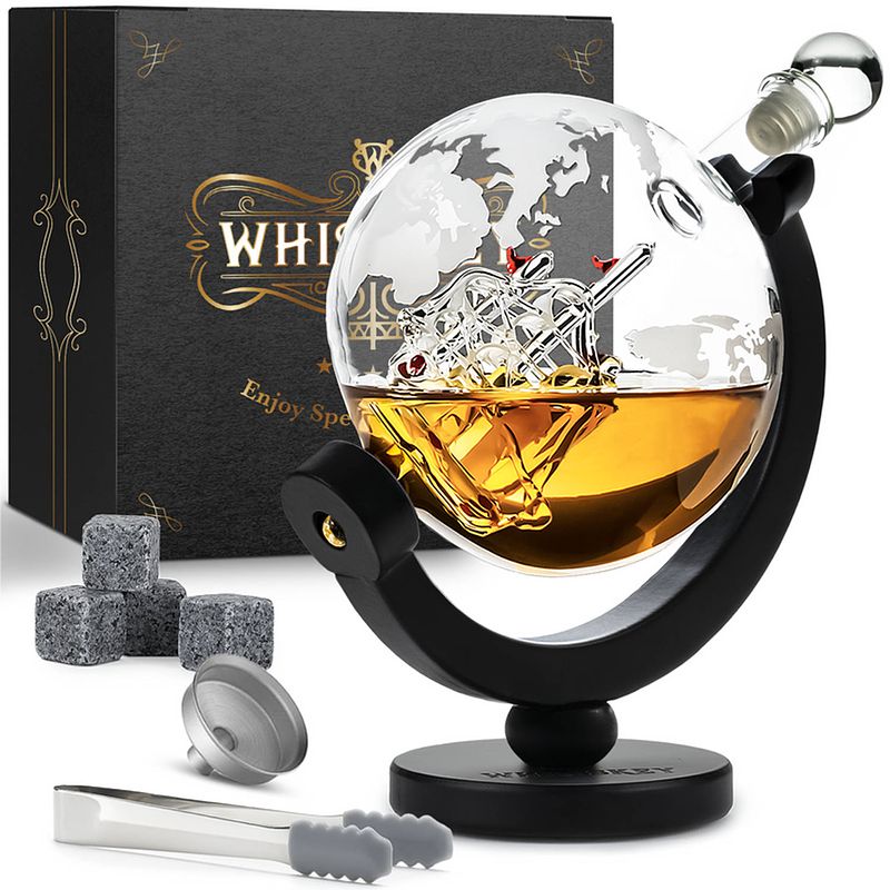 Foto van Whisiskey whiskey karaf - wereldbol - luxe whisky karaf set - 0,9 l - decanteer karaf - incl. accessoires