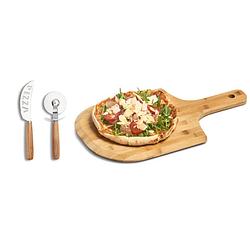 Foto van Houten pizza snijplank/bord 53 cm met pizzasnijder set - snijplanken