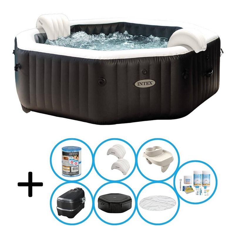 Foto van Intex - jet & bubble deluxe - jacuzzi - 218 x 71 cm - zwart - inclusief onderhoudspakket en bekerhouder