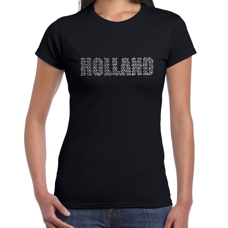 Foto van Glitter holland t-shirt zwart rhinestone steentjes voor dames nederland supporter ek/ wk m - feestshirts