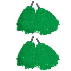 Foto van Funny fashion cheerballs/pompoms - set van 4x - groen - met franjes en stick handgreep - 25 cm - voor kinderen - verklee