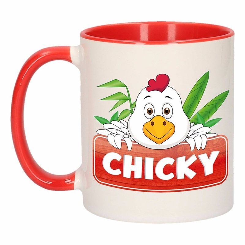 Foto van 1x chicky beker / mok - rood met wit - 300 ml keramiek - kippen bekers