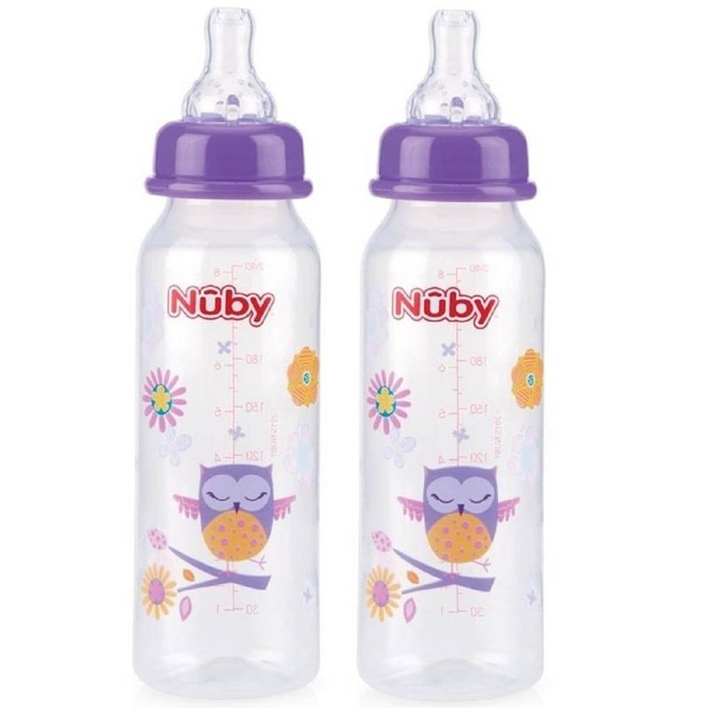 Foto van 2x stuks paarse nuby baby drinkfles 240 ml - baby drinkflessen