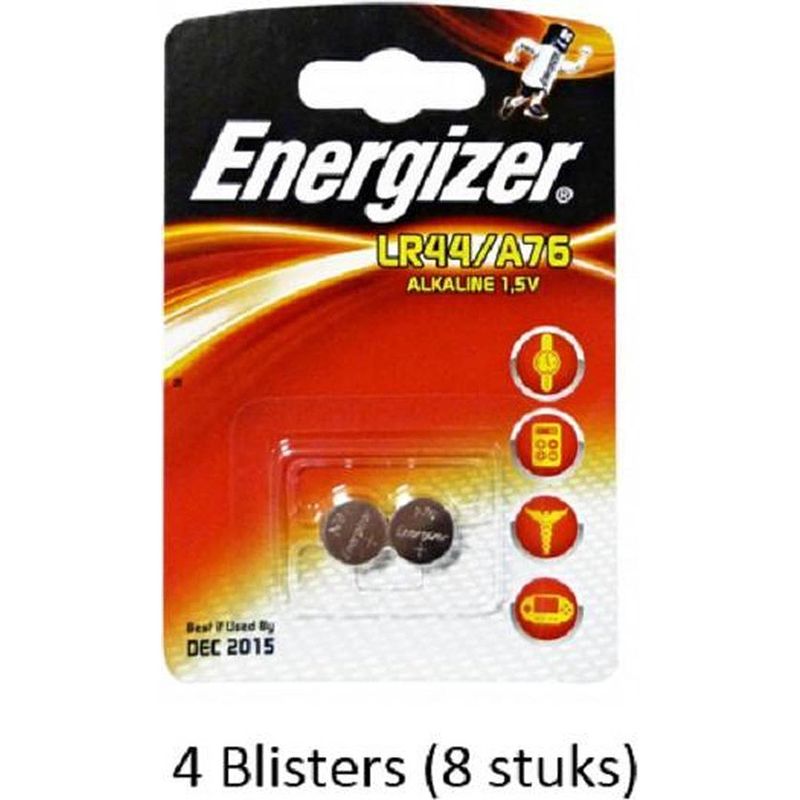 Foto van 8 stuks (4 blisters a 2 stuks) energizer alkaline knoopcel lr44/a76 1.5v