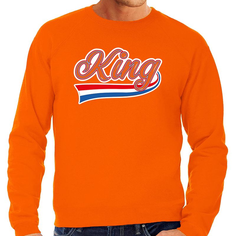 Foto van King met sierlijke wimpel sweater oranje voor heren - koningsdag truien 2xl - feesttruien