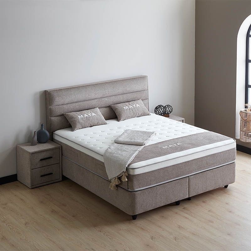 Foto van 2-persoons boxspring met opbergruimte maya - taupe 160x200 cm - pocketvering - inclusief topper - dekbed-discounter.nl