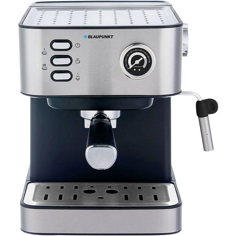 Foto van Blaupunkt cmp312 espressomachine met filterhouder staal, zwart met melkopschuimer, met kopverwarmer