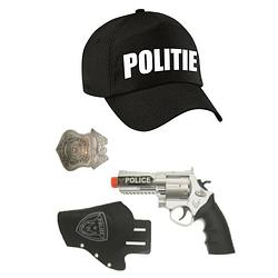 Foto van Politie verkleed cap/pet zwart met pistool/holster/badge voor kinderen - verkleedhoofddeksels