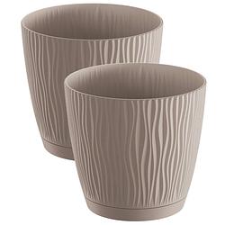 Foto van 2x stuks stijlvolle kunststof plantenpot/bloempot dia 17 cm/hoogte 16 cm waves taupe - plantenpotten