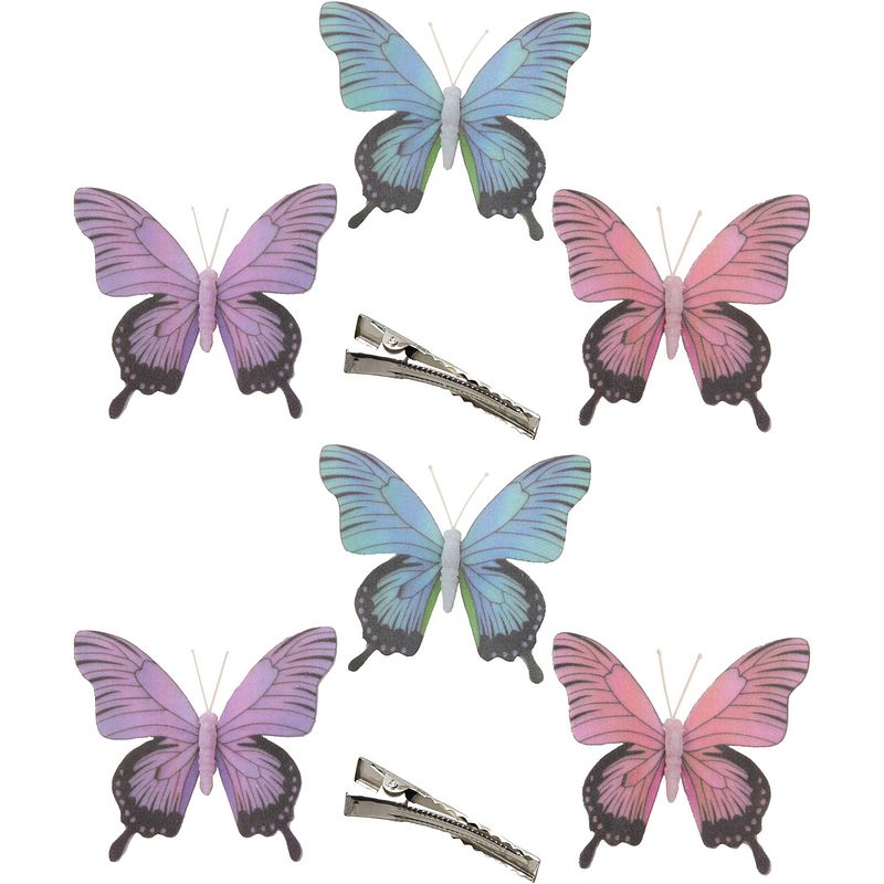 Foto van 6x stuks decoratie vlinders op clip - paars/blauw/roze - 12 cm - hobbydecoratieobject