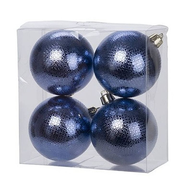 Foto van 12x kunststof kerstballen cirkel motief donkerblauw 8 cm kerstboom versiering/decoratie - kerstbal