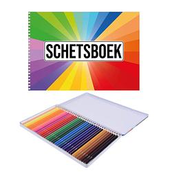 Foto van A4 kleuren waaier schetsboek/ tekenboek/ kleurboek/ schetsblok wit papier met 36 kleurpotloden - schetsboeken